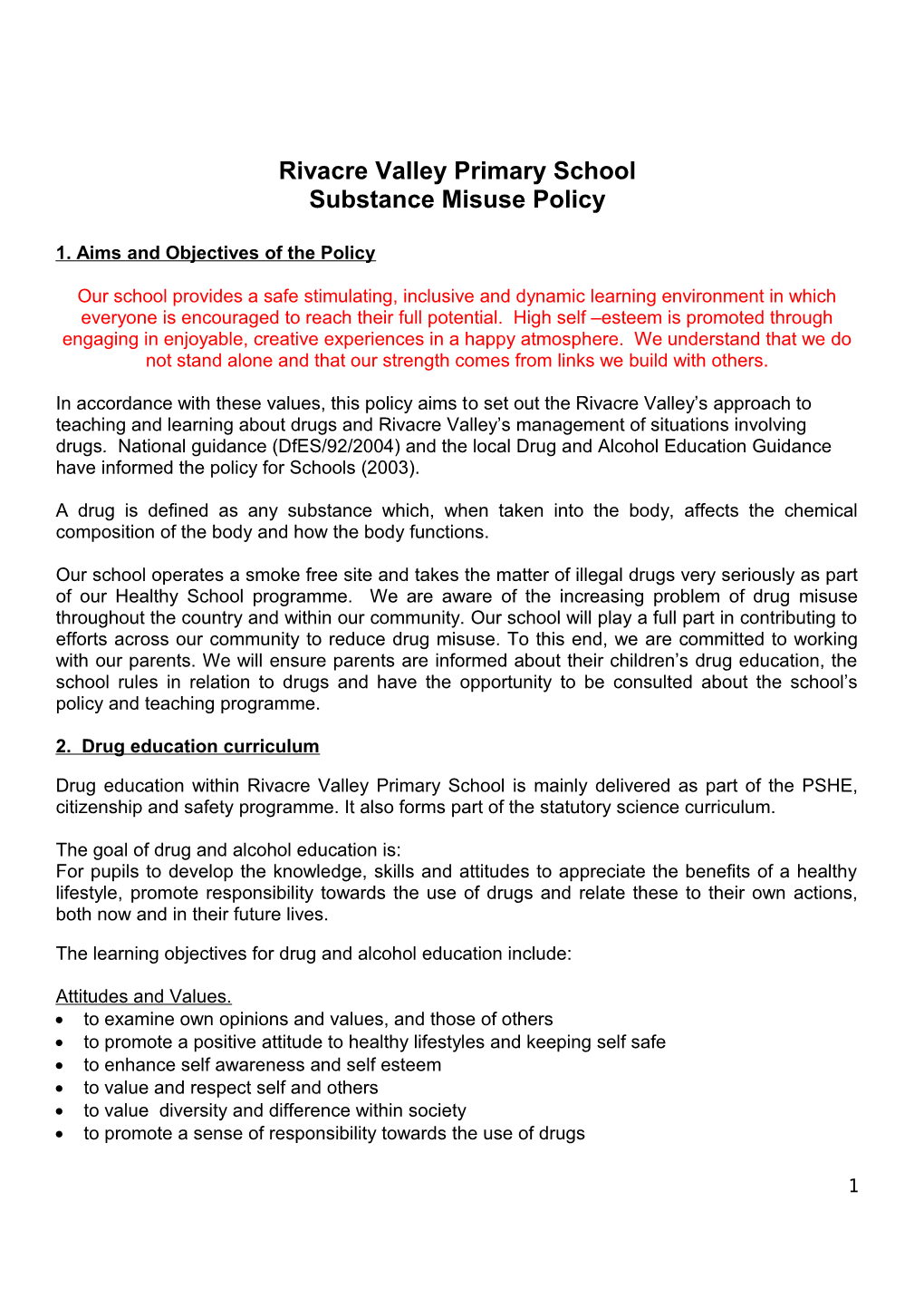 Primary and Special Schools Example Drug and Alcohol Policy