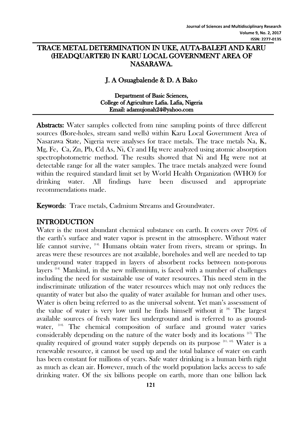 Trace Metal Determination in Uke, Auta-Balefi and Karu