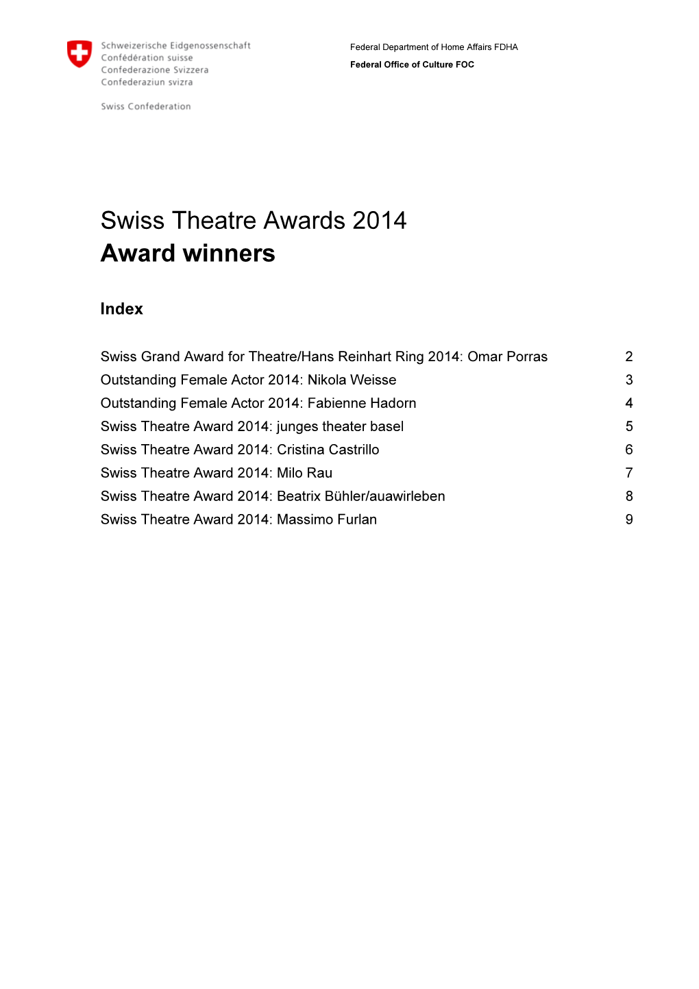 Swiss Theatre Awards 2014 Award Winners