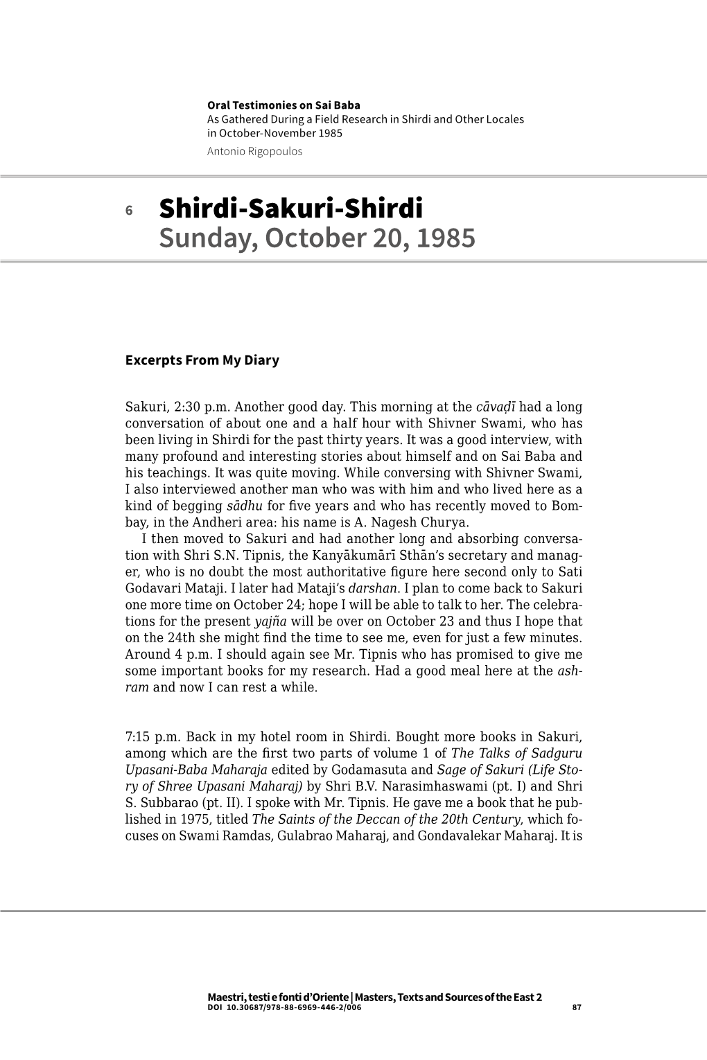 Shirdi-Sakuri-Shirdi Sunday, October 20, 1985
