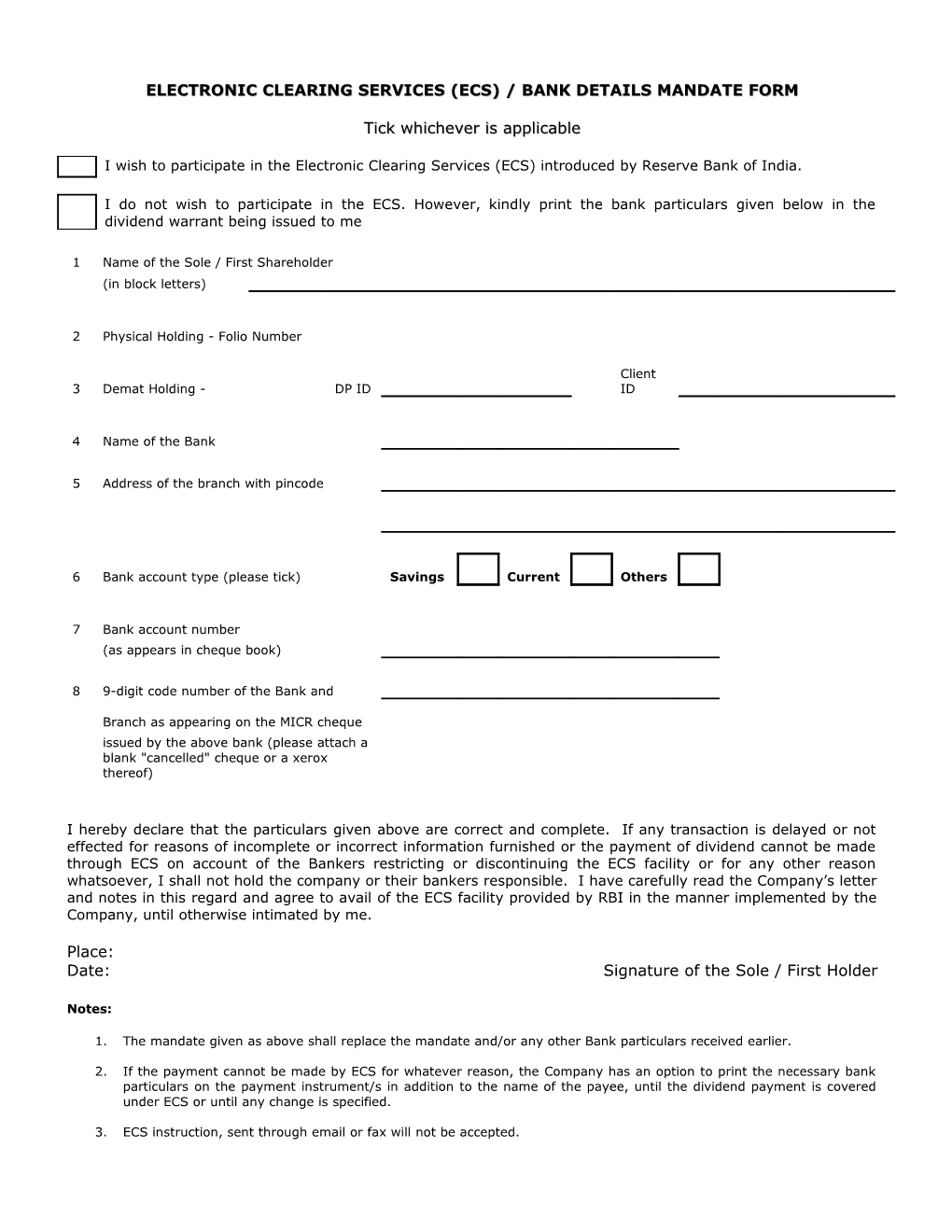 Electronic Clearing Services (ECS) / Bank Details Mandate Form