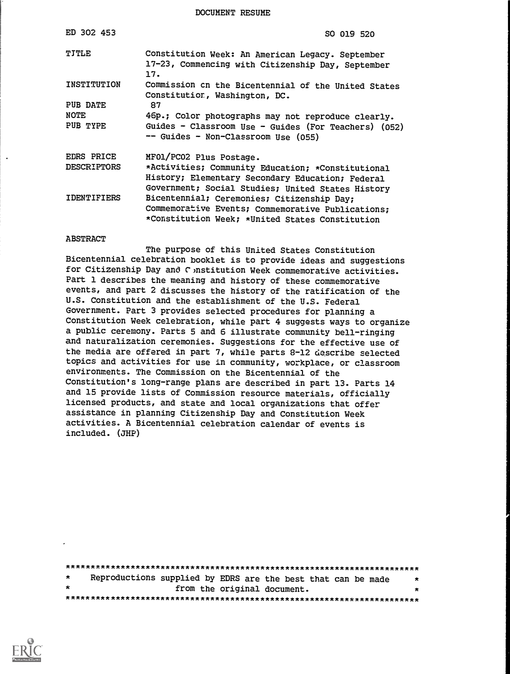 DOCUMENT RESUME ED 302 453 SO 019 520 TITLE Constitution Week