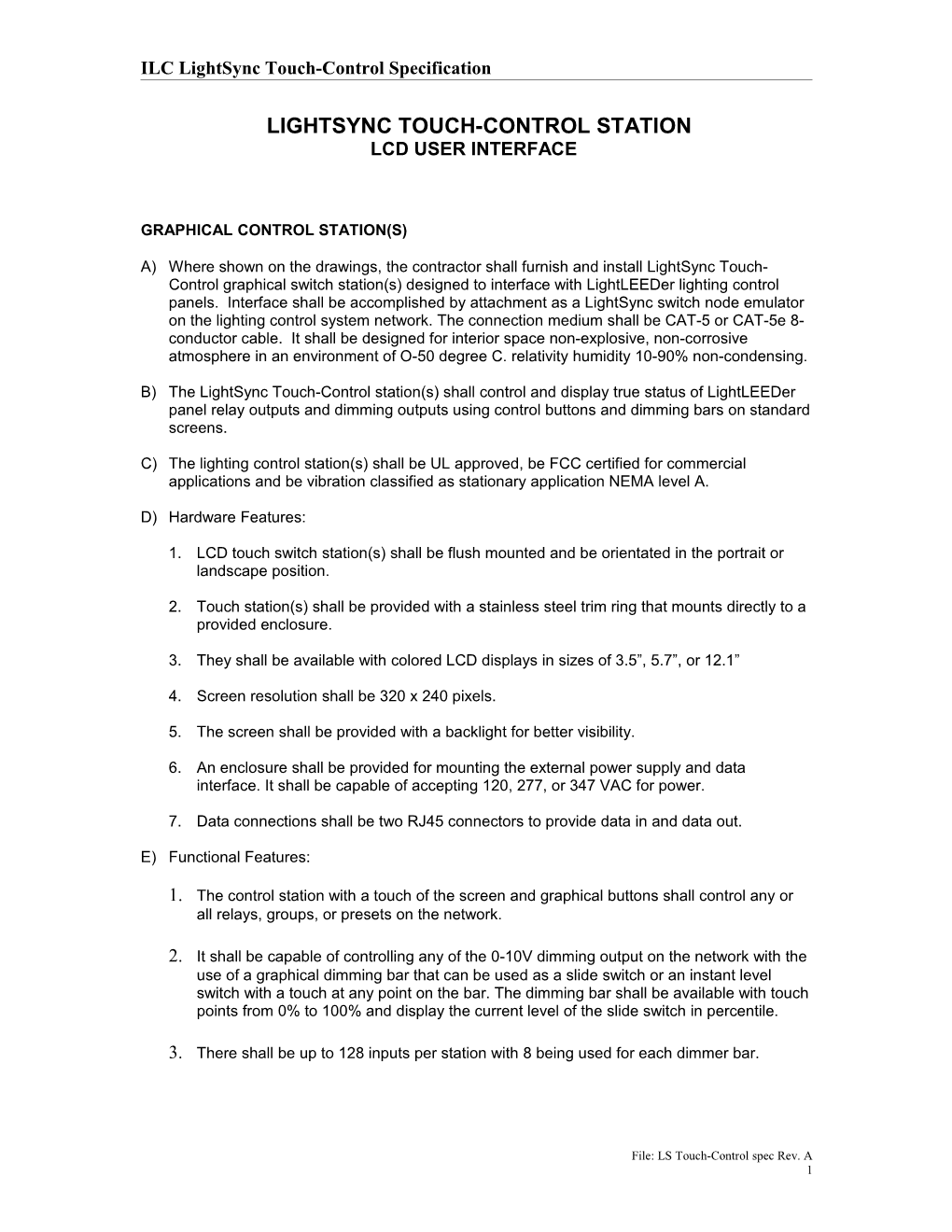 ILC Lightsync Touch-Control Specification