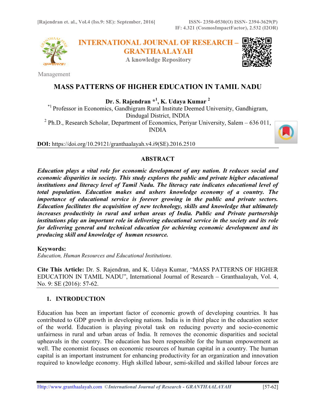 Mass Patterns of Higher Education in Tamil Nadu