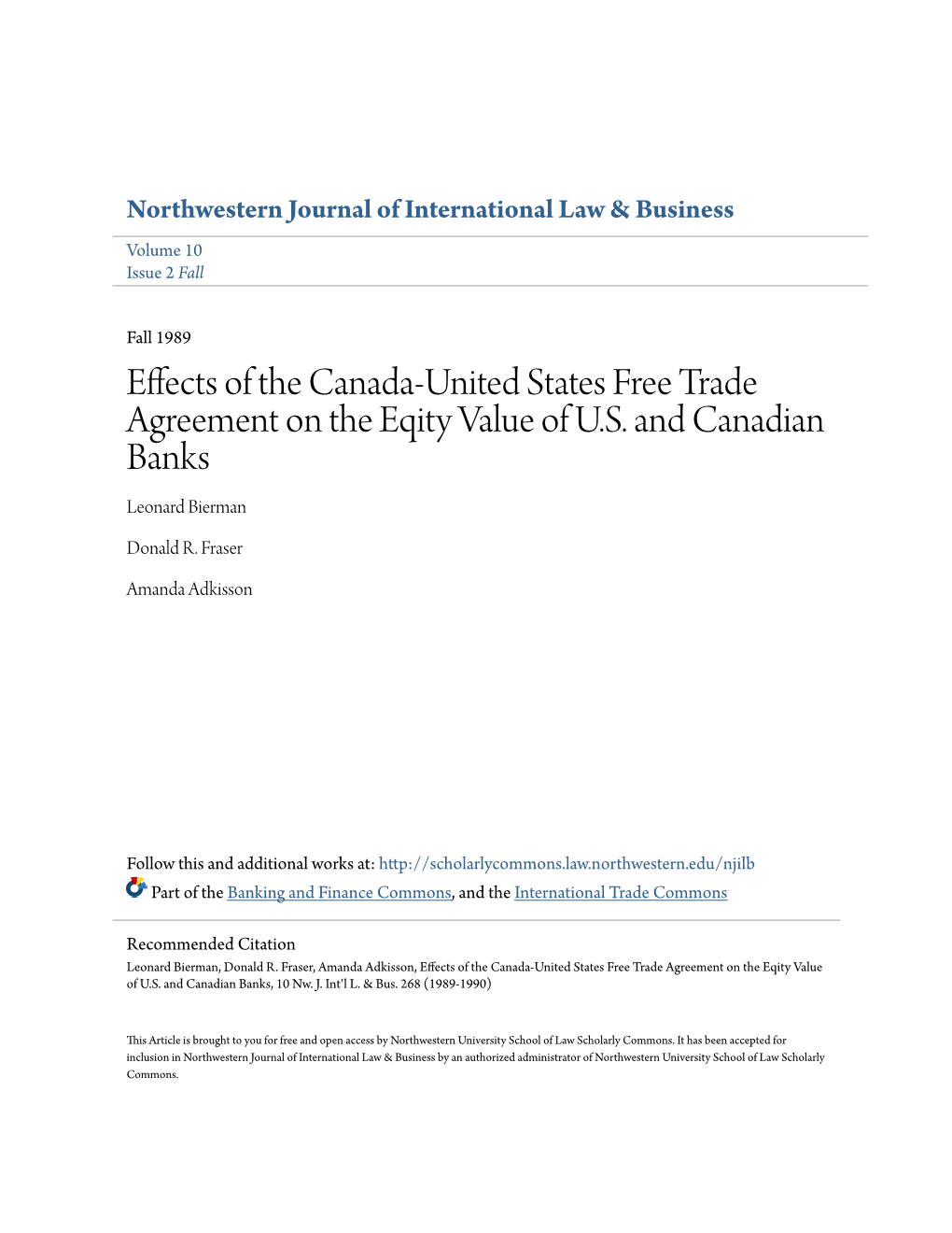 Effects of the Canada-United States Free Trade Agreement on the Eqity Value of U.S