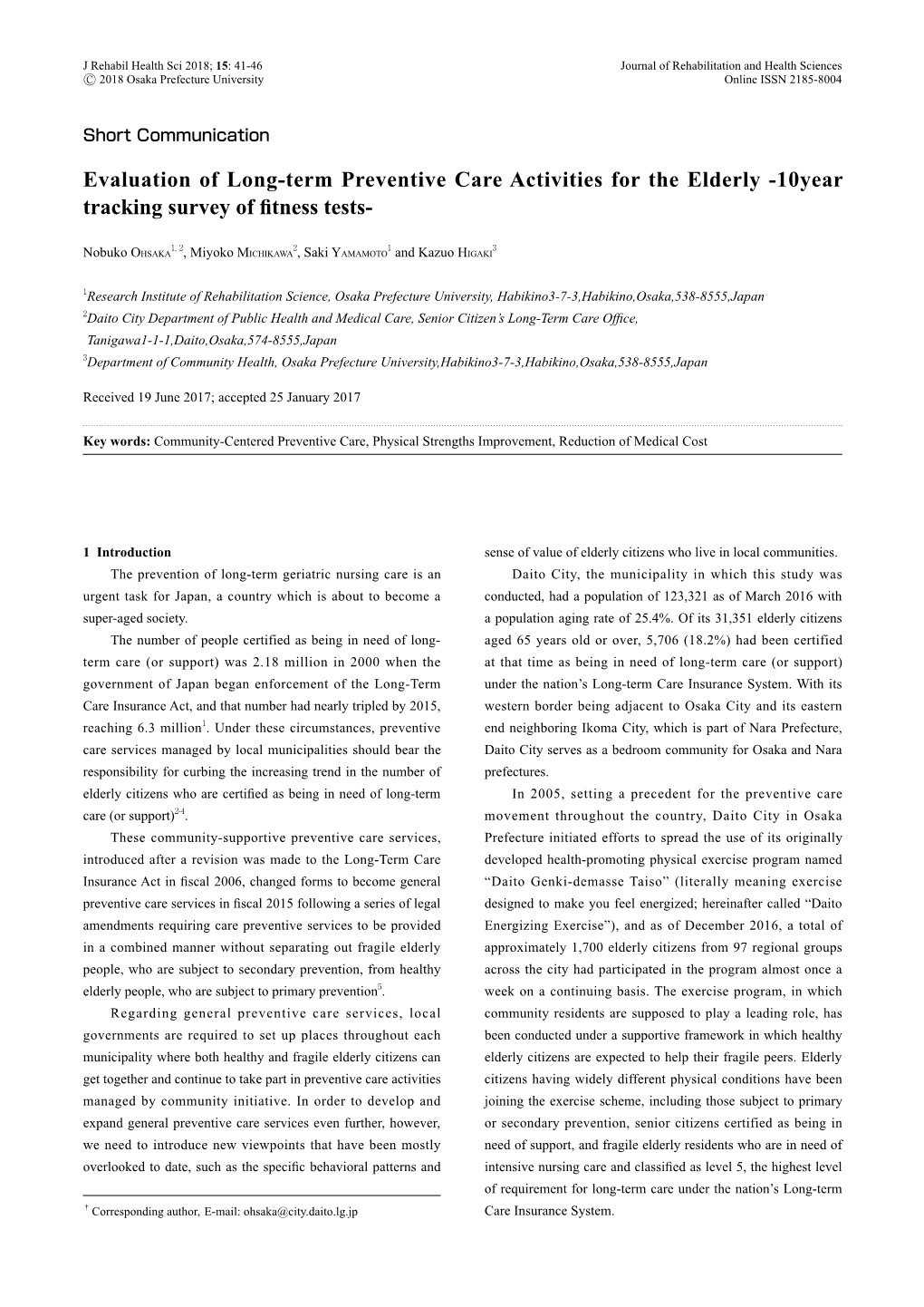 Evaluation of Long-Term Preventive Care Activities for the Elderly -10Year Tracking Survey of Fitness Tests