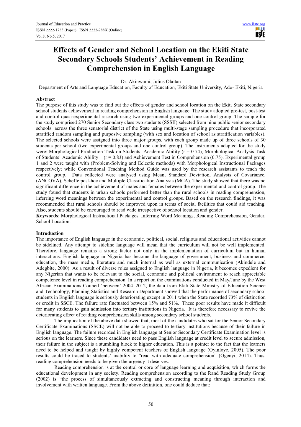 Effects of Gender and School Location on the Ekiti State Secondary Schools Students’ Achievement in Reading Comprehension in English Language