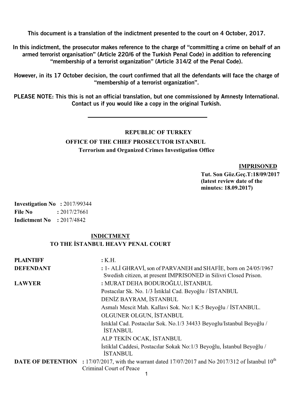 This Document Is a Translation of the Indictment Presented to the Court on 4 October, 2017