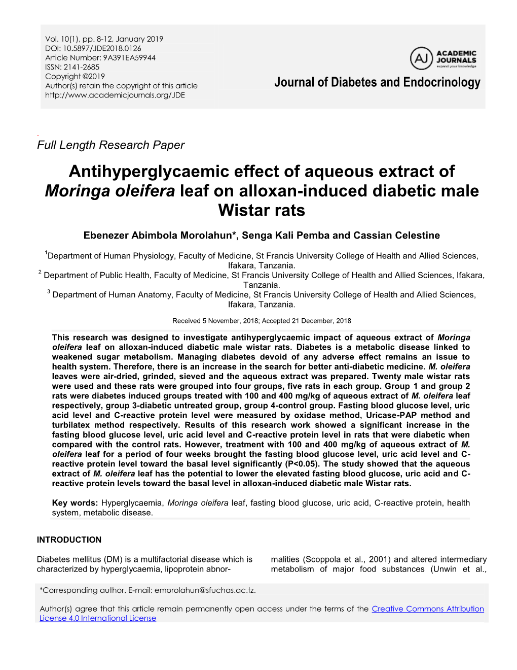 Antihyperglycaemic Effect of Aqueous Extract of Moringa Oleifera Leaf on Alloxan-Induced Diabetic Male Wistar Rats