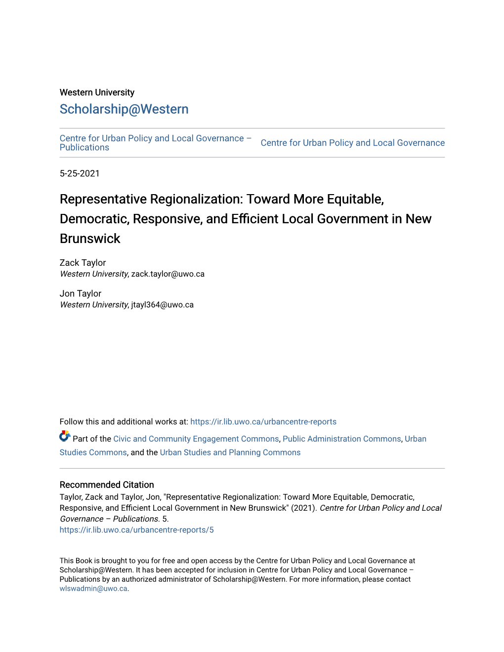 Representative Regionalization: Toward More Equitable, Democratic, Responsive, and Efficient Local Vgo Ernment in New Brunswick