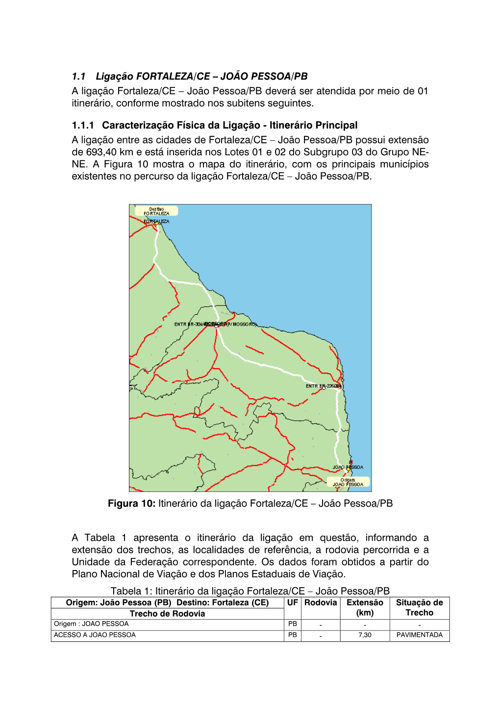 1.1 Ligação FORTALEZA/CE – JOÃO PESSOA/PB