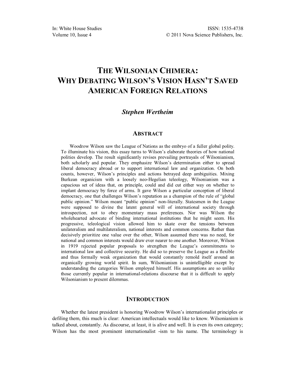 The Wilsonian Chimera: Why Debating Wilson’S Vision Hasn’T Saved American Foreign Relations