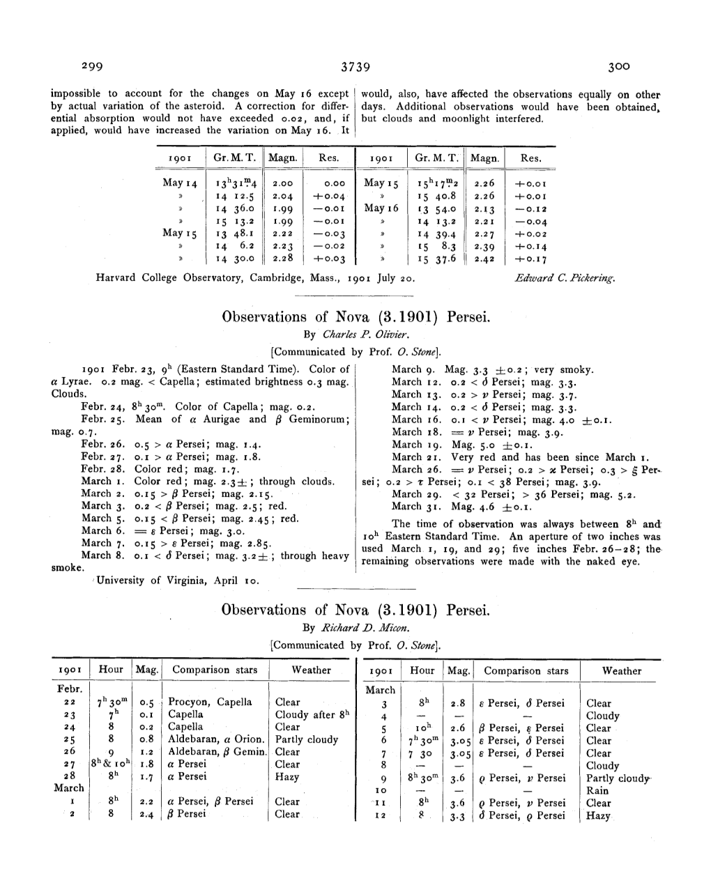 Observations of Nova (3. 1901) Persei