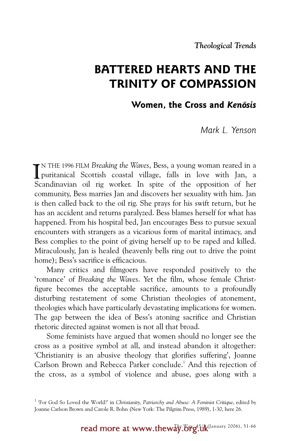 Battered Hearts and the Trinity of Compassion: Women, the Cross and Kenosis