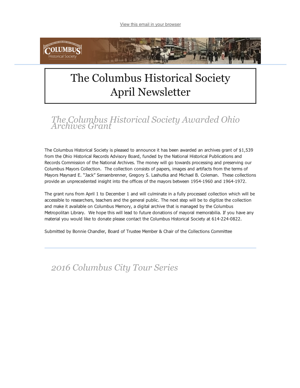 The Columbus Historical Society April Newsletter