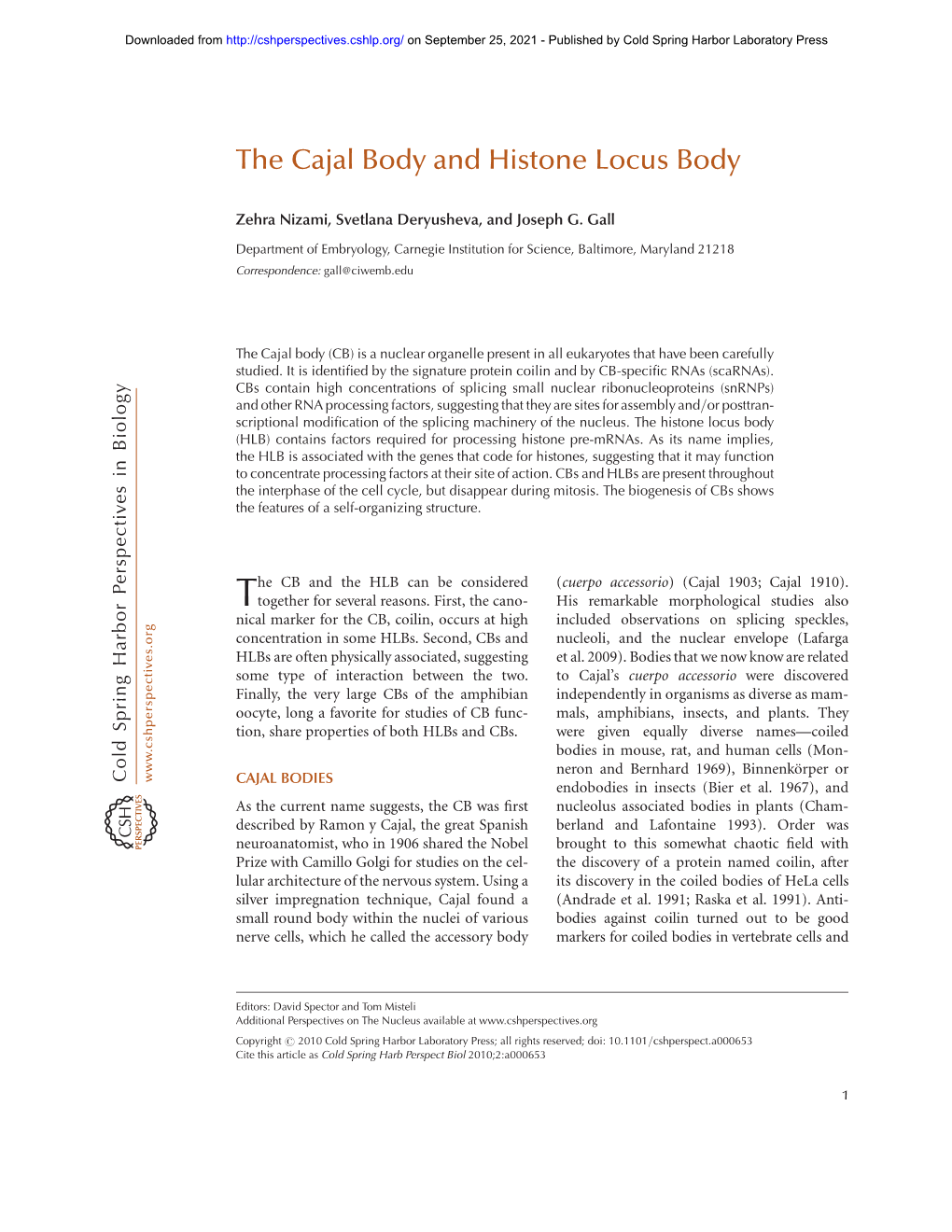 The Cajal Body and Histone Locus Body