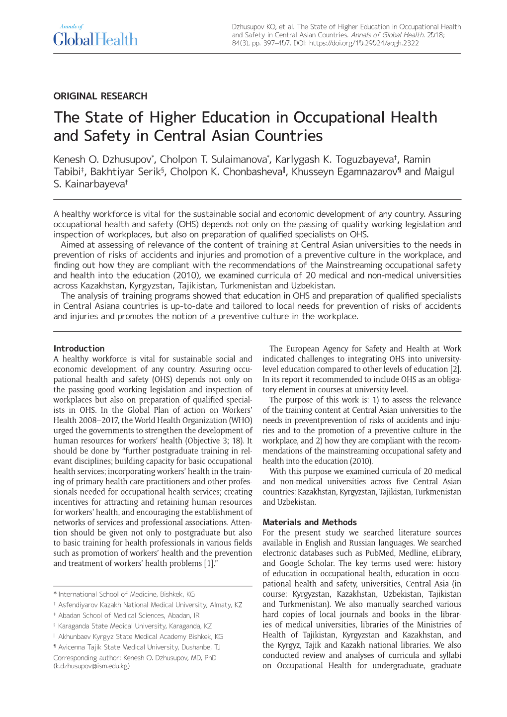 The State of Higher Education in Occupational Health and Safety in Central Asian Countries