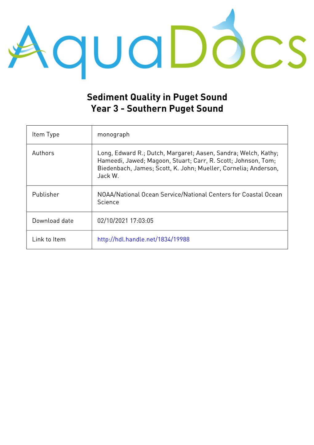 Sediment Quality in Puget Sound Year 3 - Southern Puget Sound