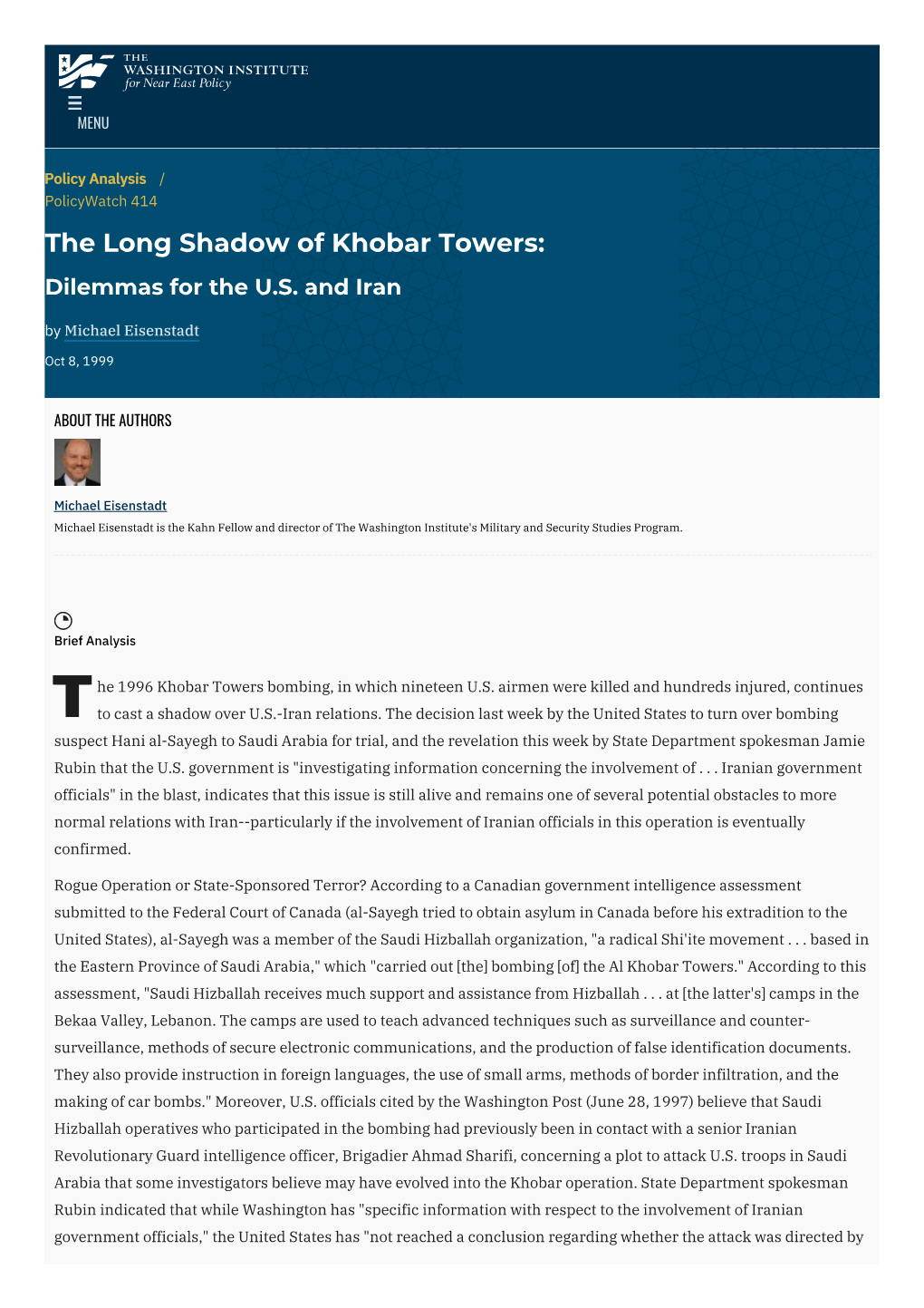 The Long Shadow of Khobar Towers: Dilemmas for the U.S