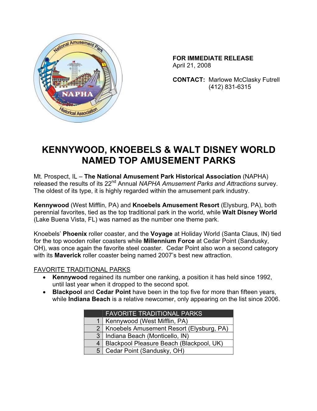 Kennywood, Knoebels & Walt Disney World Named Top Amusement Parks