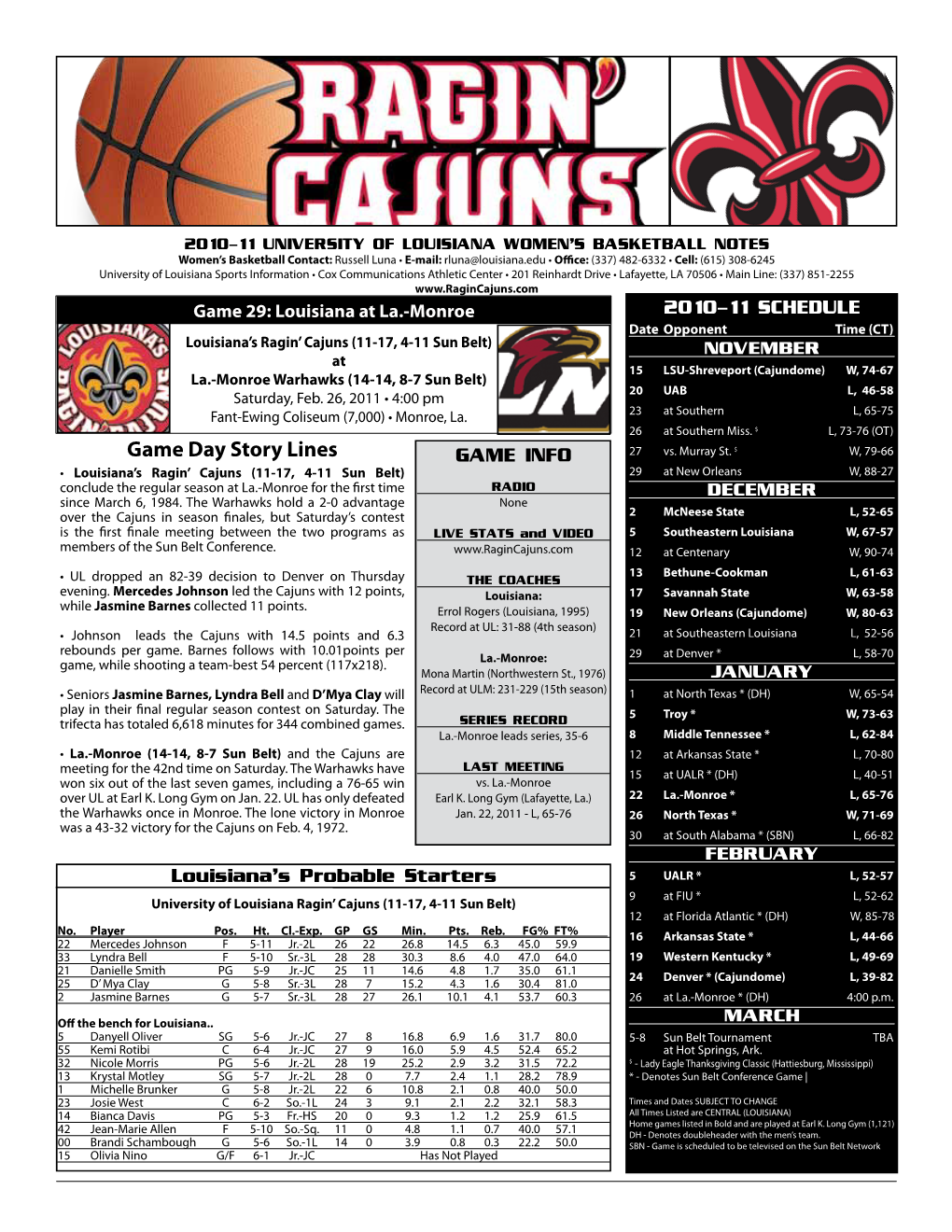 Game Day Story Lines GAME INFO 27 Vs