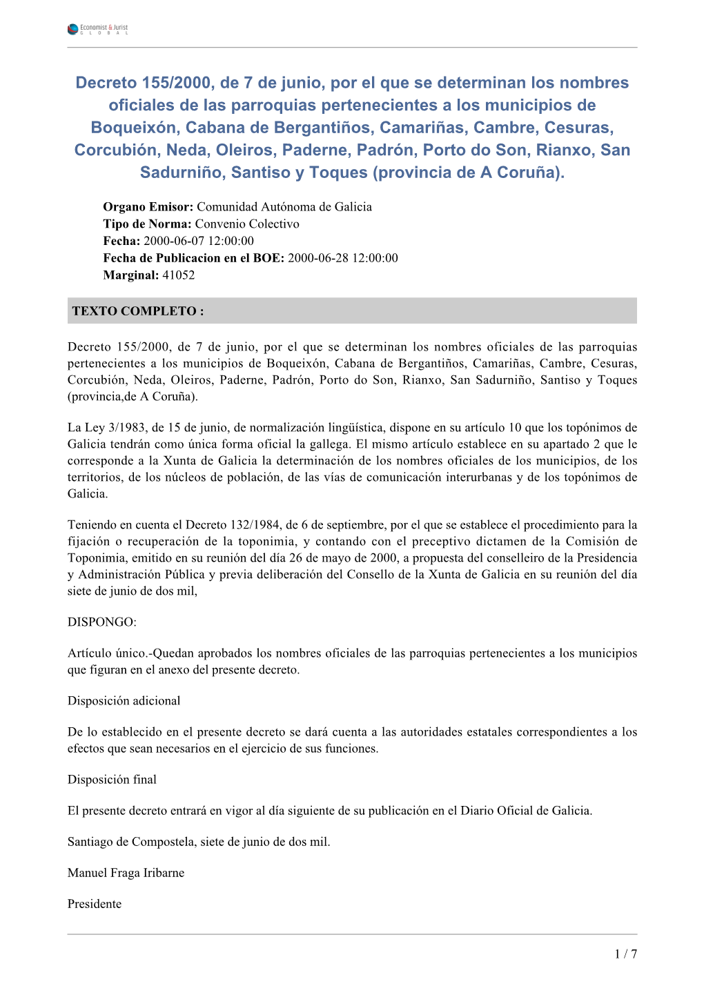 Decreto 155/2000, De 7 De Junio, Por El Que Se Determinan Los Nombres