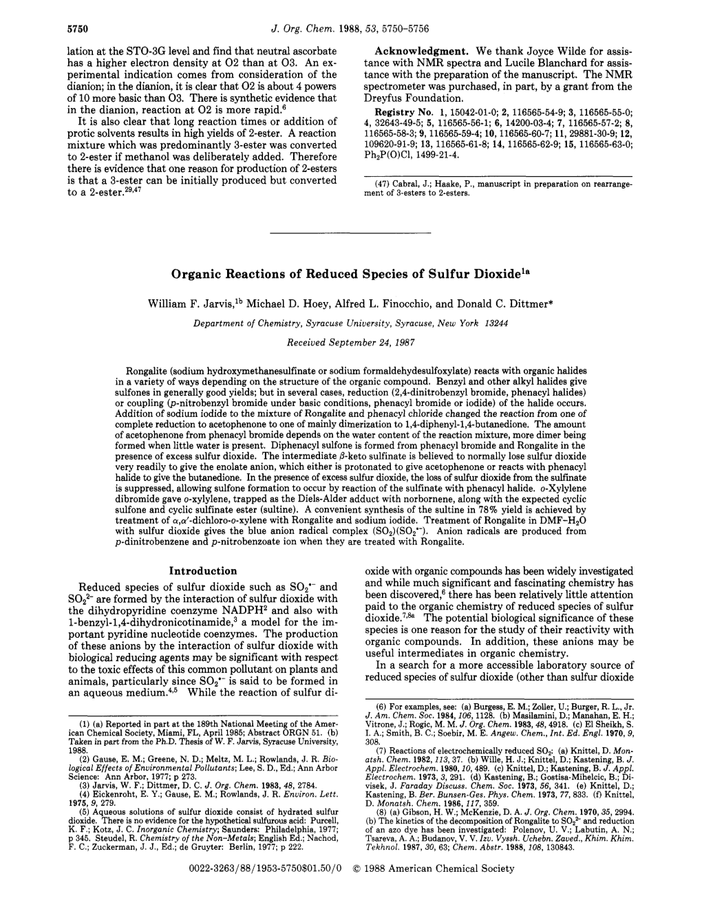 Organic Reactions of Reduced Species of Sulfur Dioxide'"