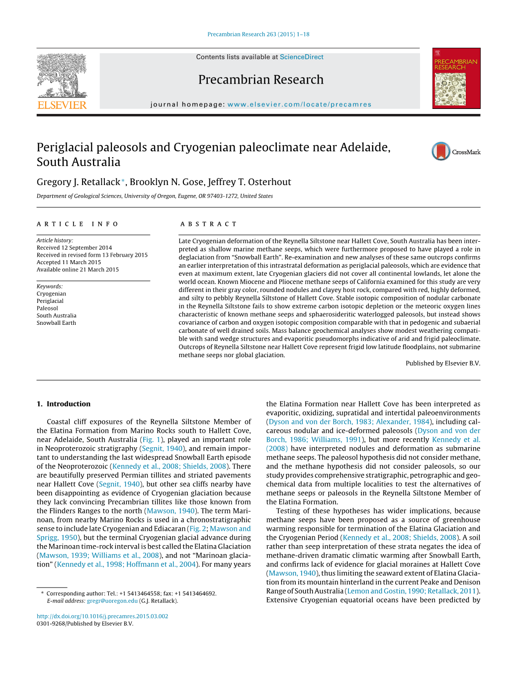 Periglacial Paleosols and Cryogenian Paleoclimate Near Adelaide, South Australia