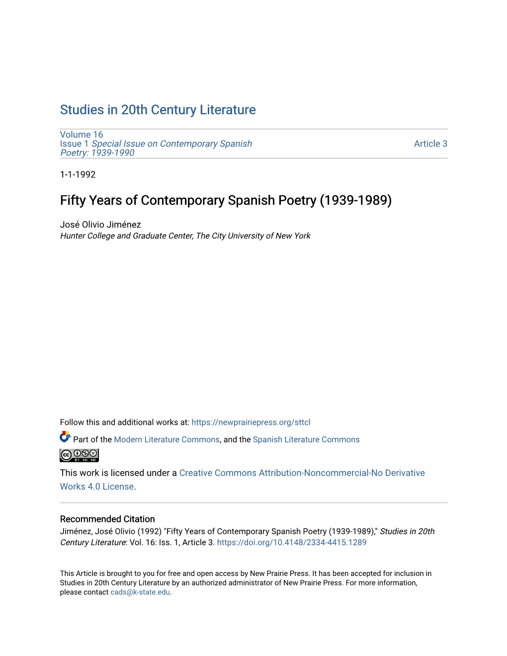 Fifty Years of Contemporary Spanish Poetry (1939-1989)