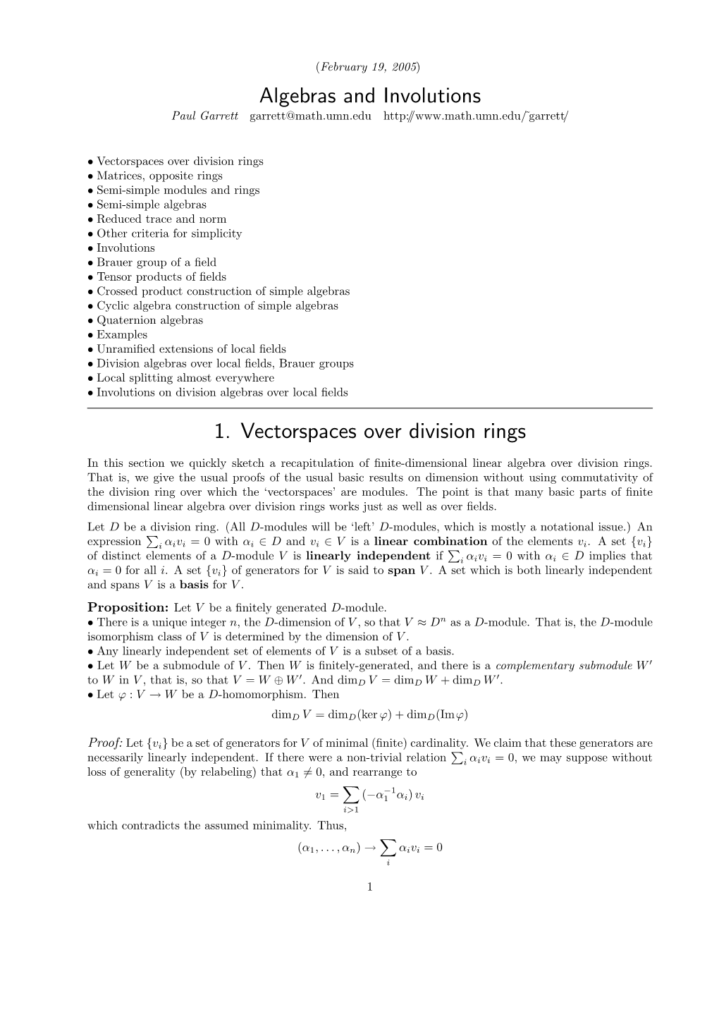 Algebras and Involutions 1. Vectorspaces Over Division Rings