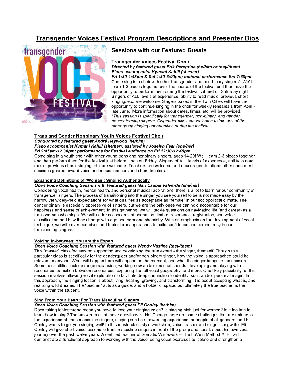 Transgender Voices Festival Program Descriptions and Presenter Bios