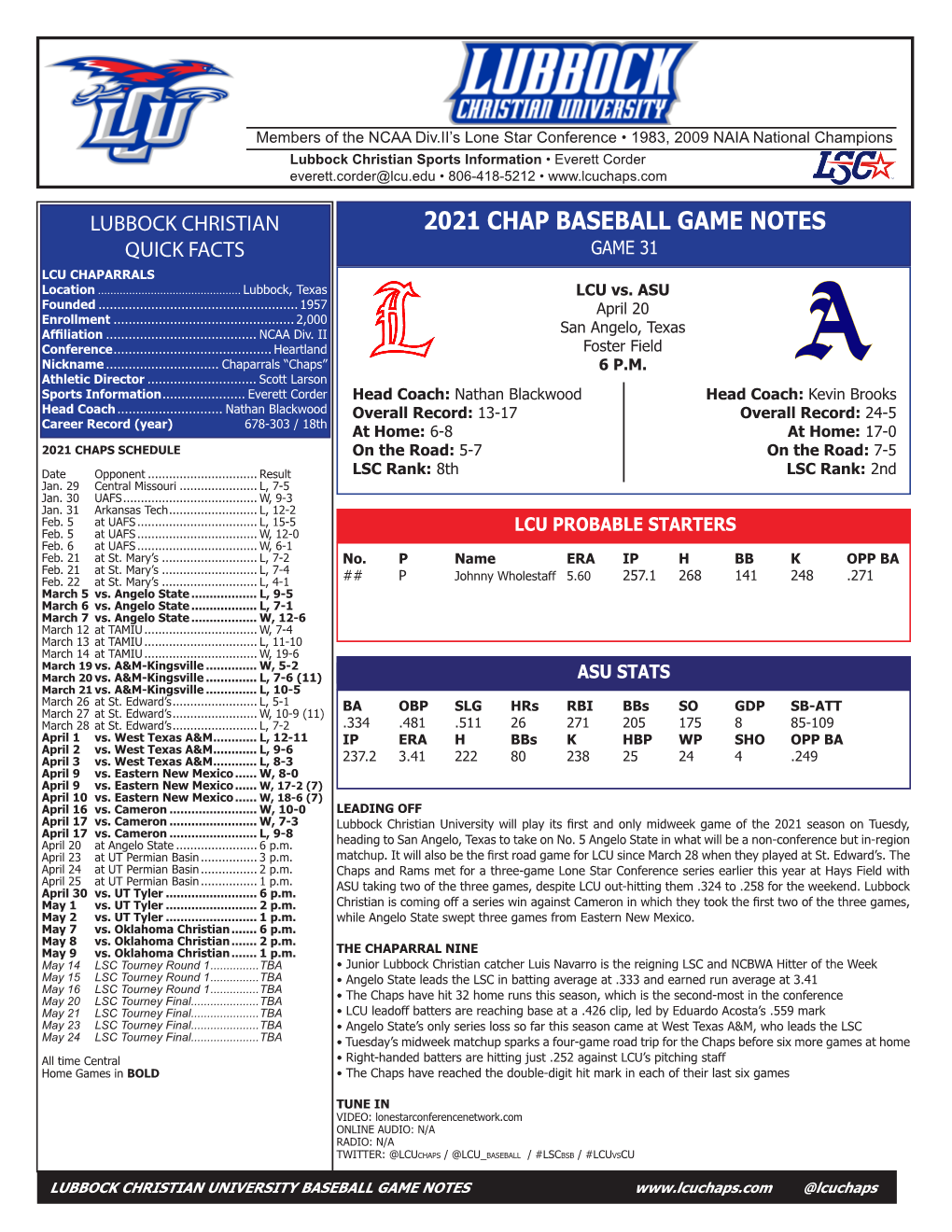 2021 CHAP BASEBALL GAME NOTES QUICK FACTS GAME 31 LCU CHAPARRALS Location