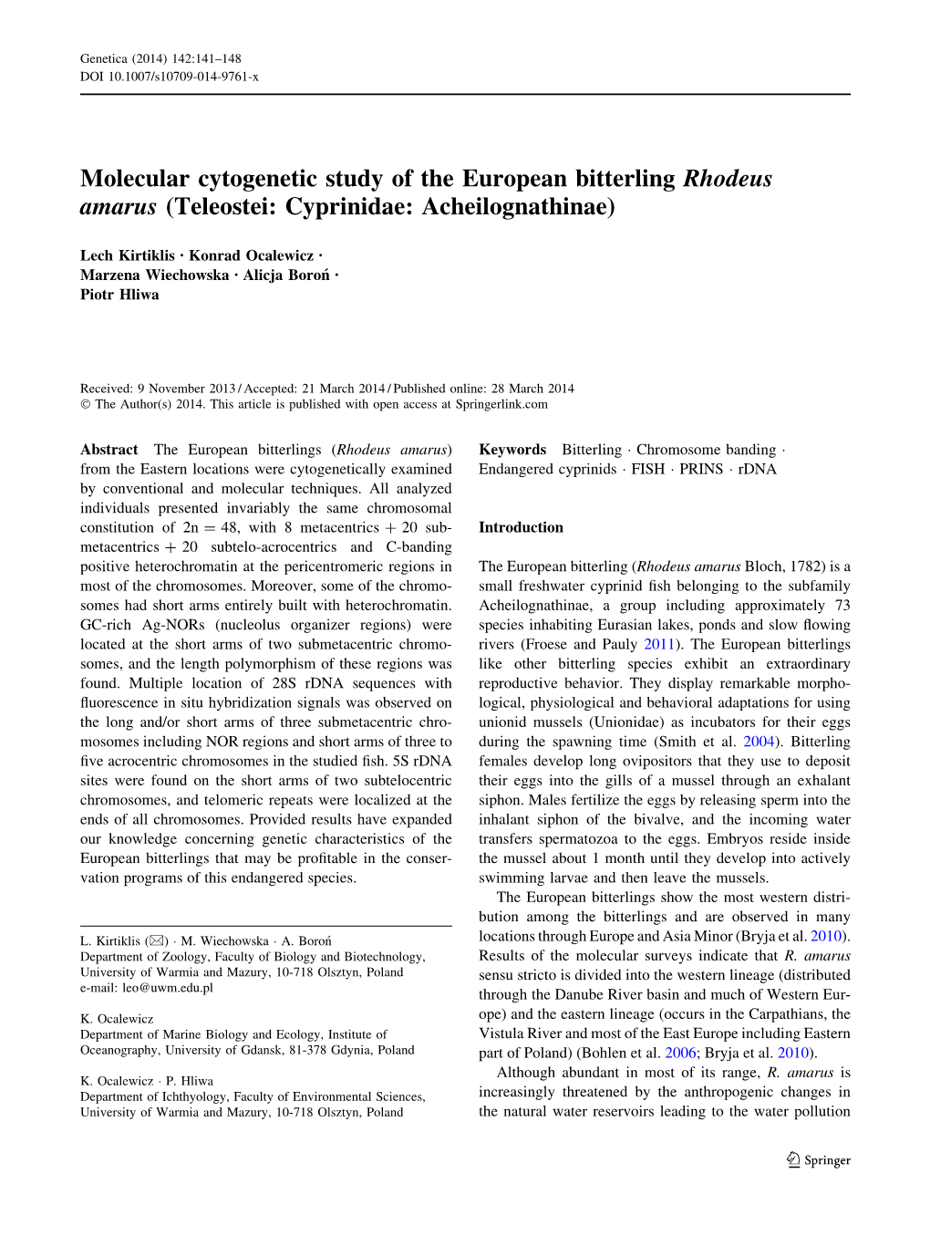 Molecular Cytogenetic Study of the European Bitterling Rhodeus Amarus (Teleostei: Cyprinidae: Acheilognathinae)