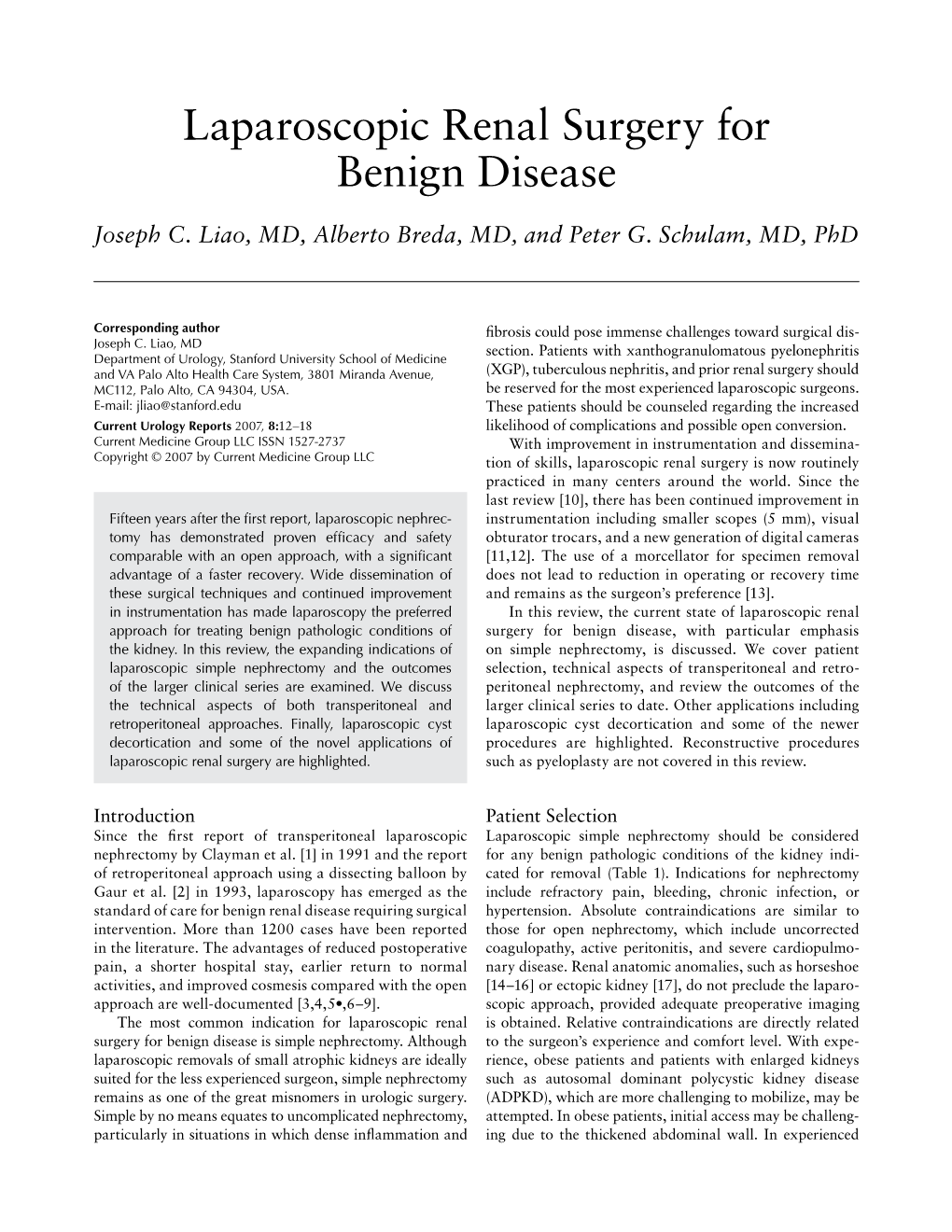 Laparoscopic Renal Surgery for Benign Disease