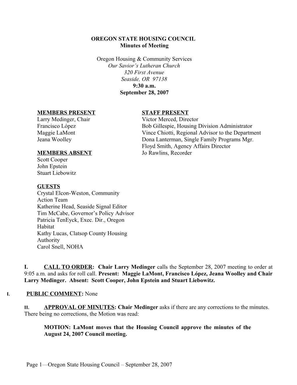 09-28-2007 State Housing Council Meeting Minutes