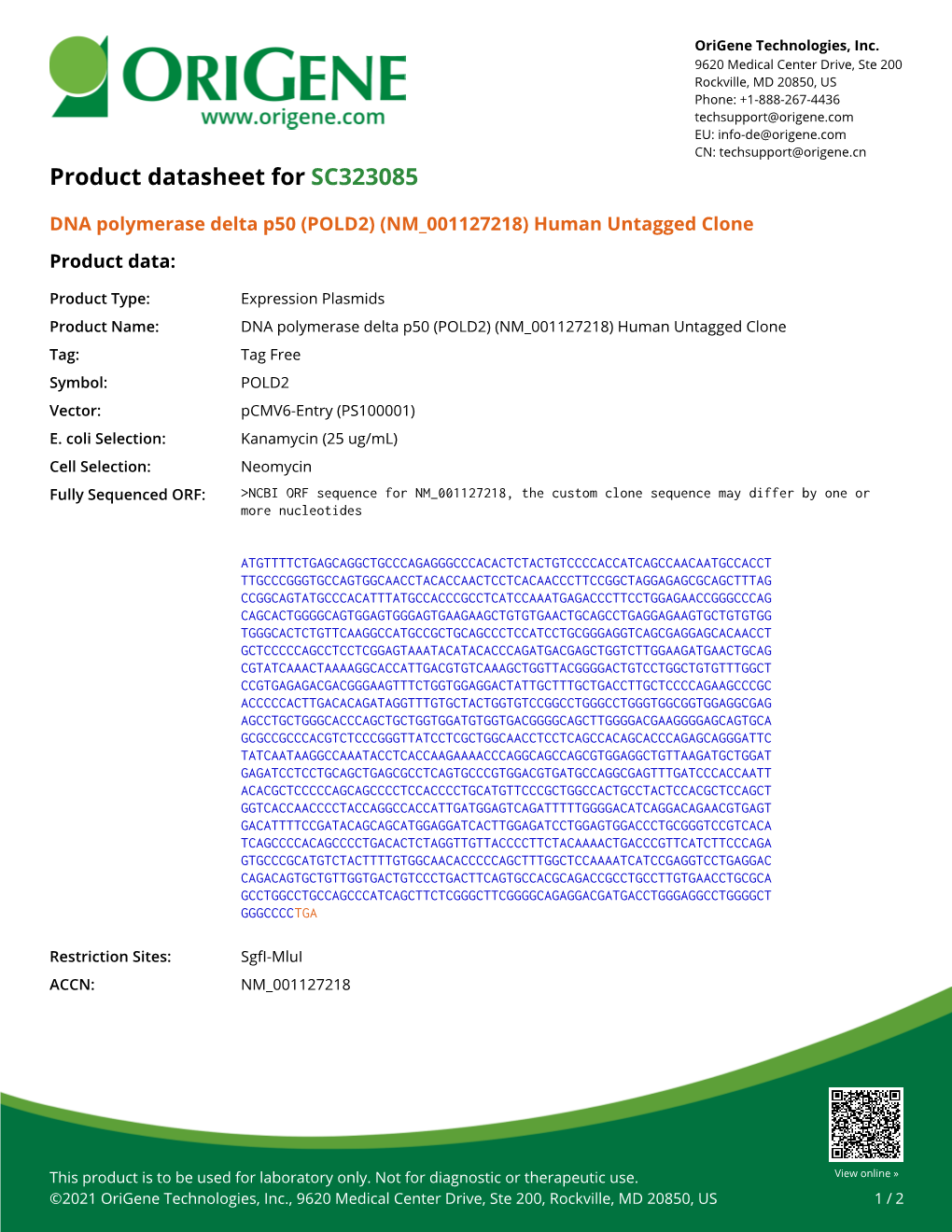 DNA Polymerase Delta P50 (POLD2) (NM 001127218) Human Untagged Clone Product Data