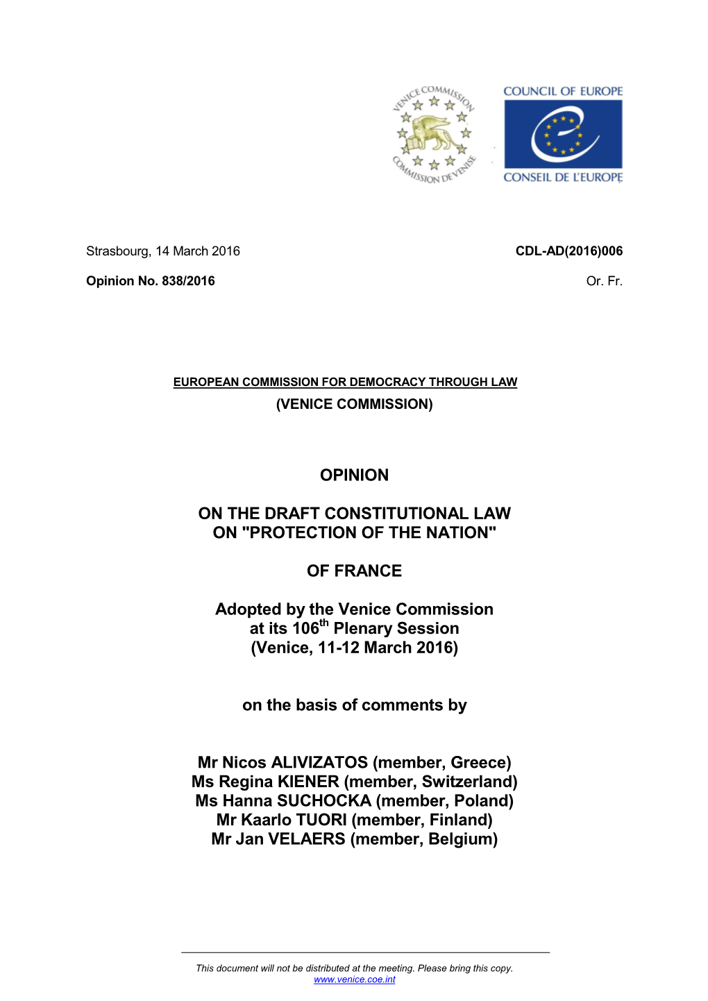Draft Constitutional Law “On Protection of the Nation” of France