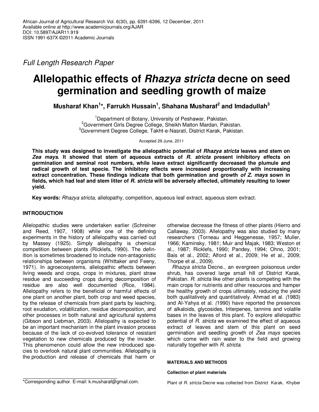 Rhazya Stricta Decne on Seed Germination and Seedling Growth of Maize