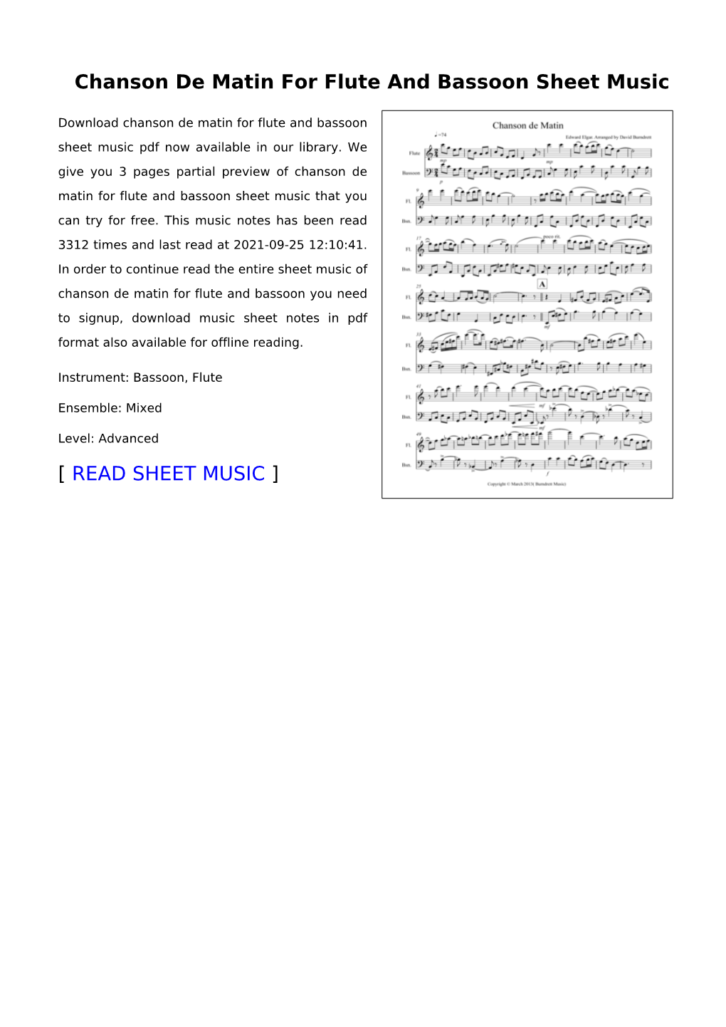 Chanson De Matin for Flute and Bassoon Sheet Music