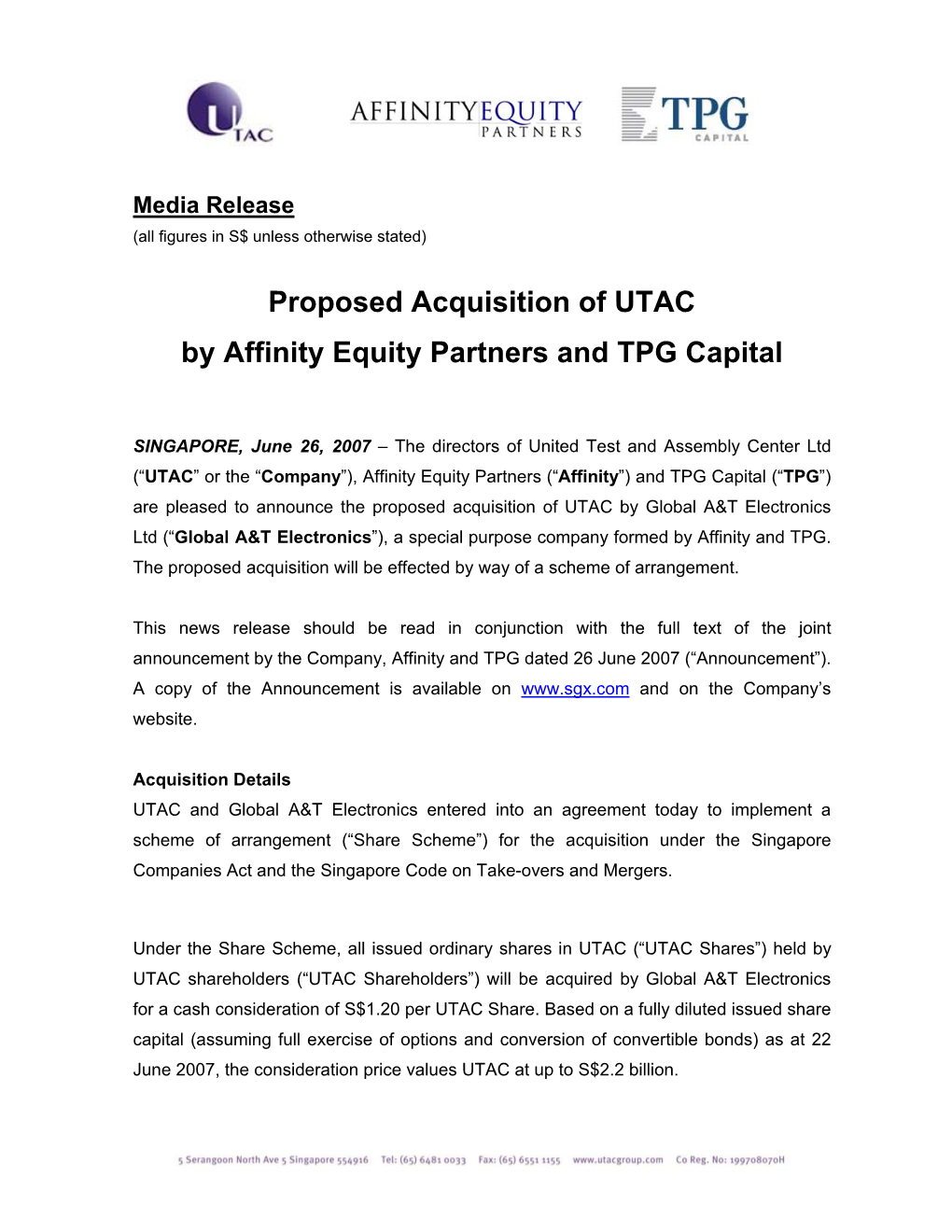 Proposed Acquisition of UTAC by Affinity Equity Partners and TPG Capital