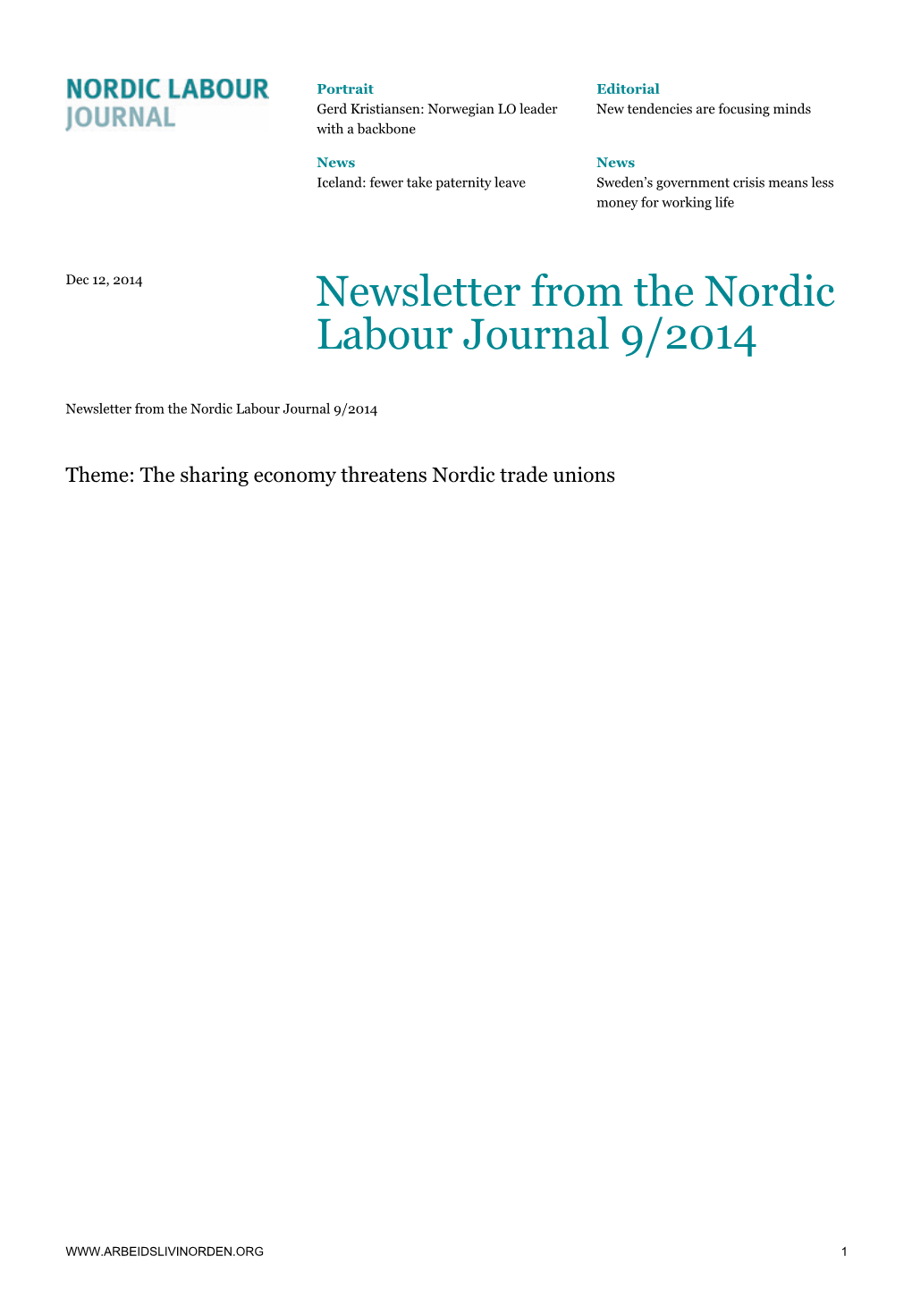 Newsletter from the Nordic Labour Journal 9/2014