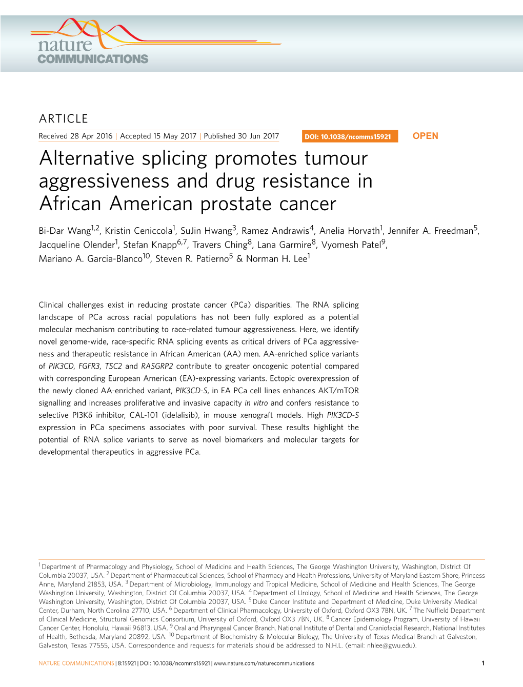 Alternative Splicing Promotes Tumour Aggressiveness and Drug Resistance in African American Prostate Cancer