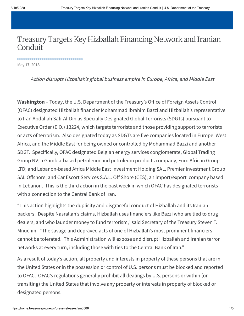 Treasury Targets Key Hizballah Financing Network and Iranian Conduit | U.S