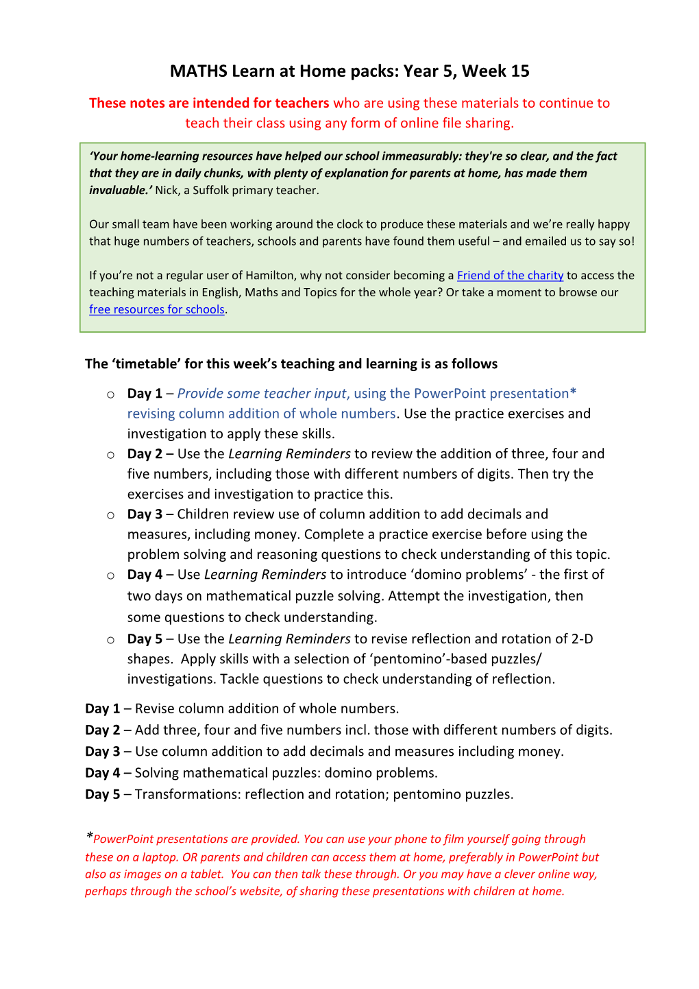 MATHS Learn at Home Packs: Year 5, Week 15