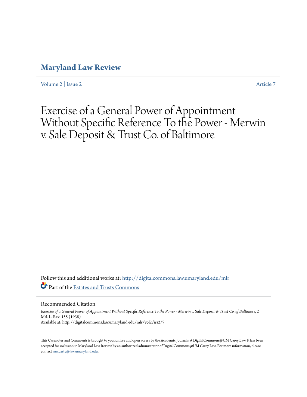 Exercise of a General Power of Appointment Without Specific Reference to the Power - Merwin V