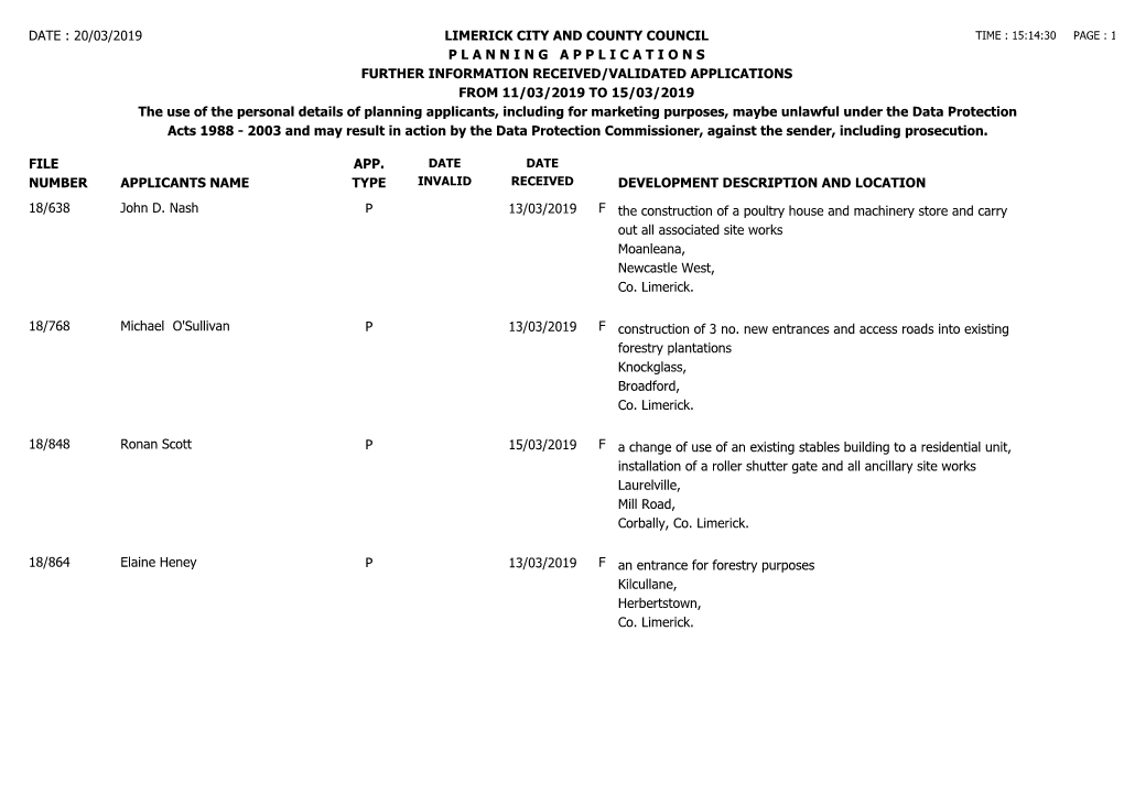 File Number Date : 20/03/2019 Limerick City and County Council P L a N N I N G a P P L I C a T I O N S Further Information