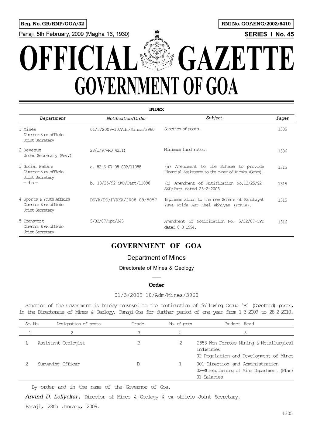 GOVERNMENT of GOA Department of Mines Directorate of Mines & Geology ___