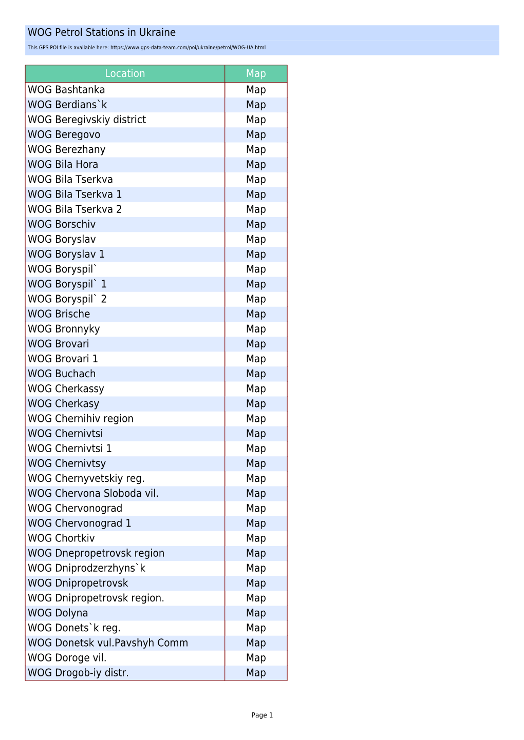 WOG Petrol Stations in Ukraine Location Map WOG Bashtanka Map WOG Berdians`K Map WOG Beregivskiy District Map WOG Beregovo Map W