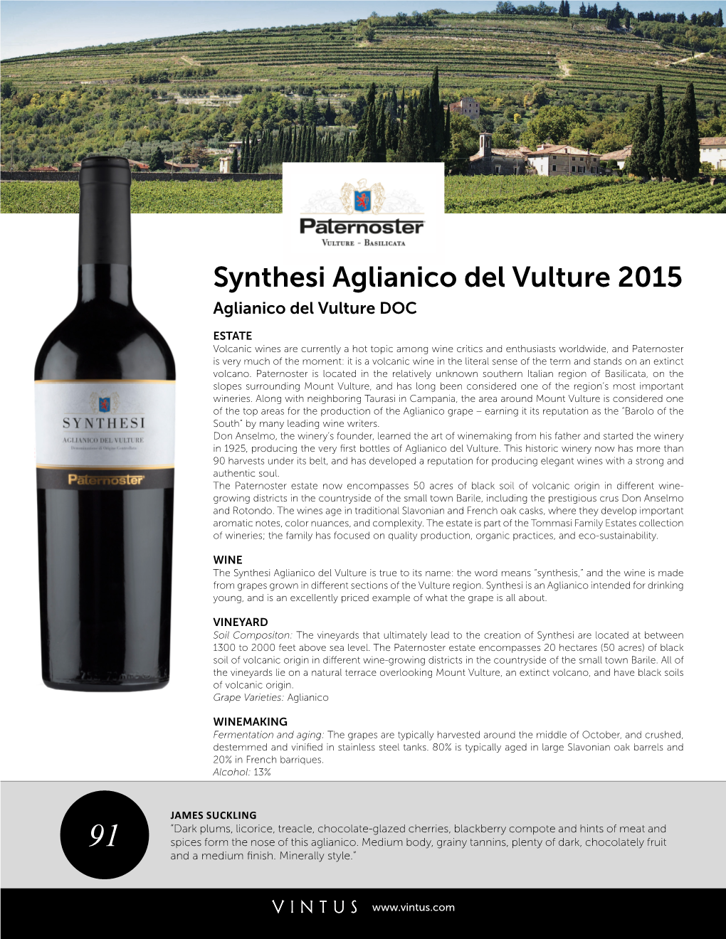 Paternoster Synthesi Aglianico Del Vulture 2015 Tech Sheet