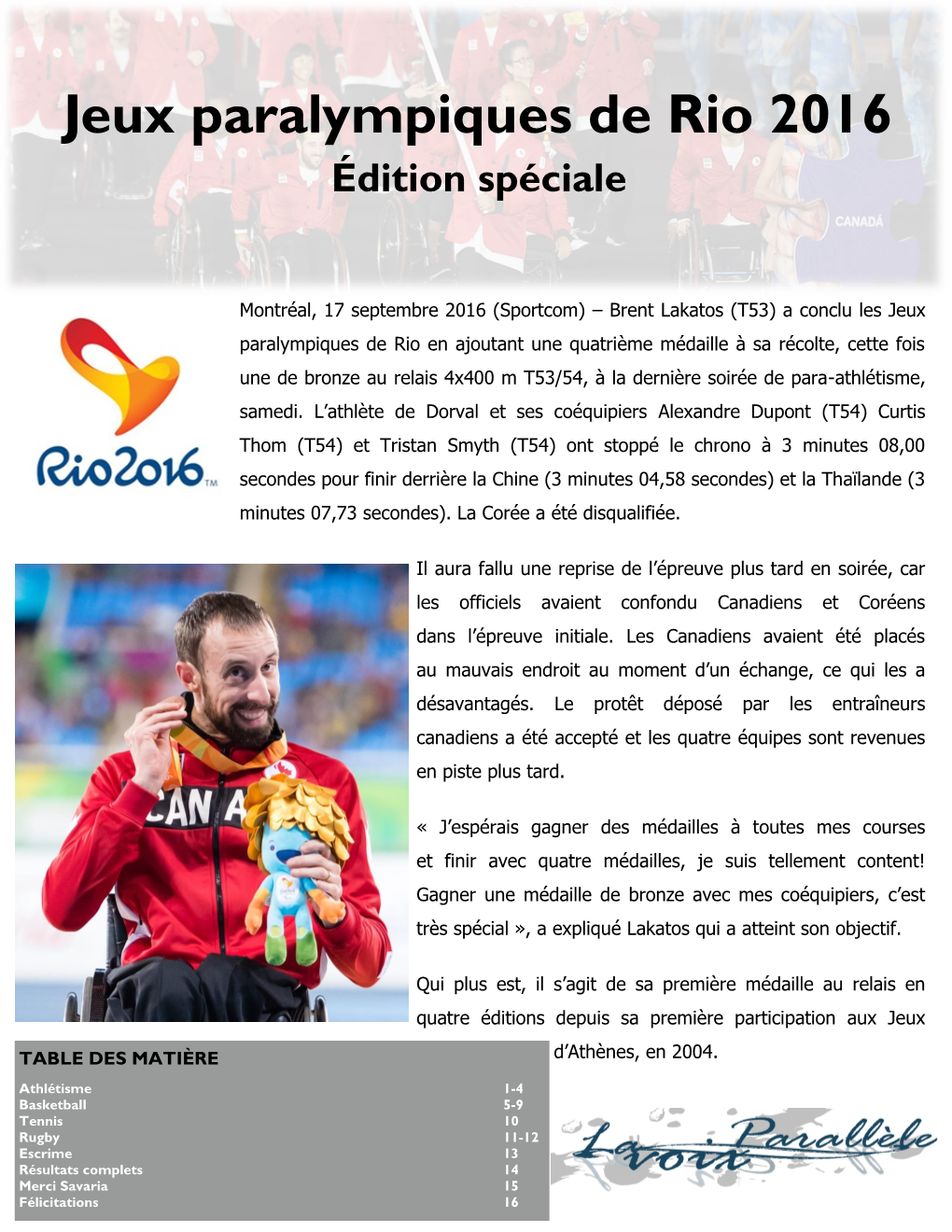 Jeux Paralympiques De Rio 2016 Édition Spéciale